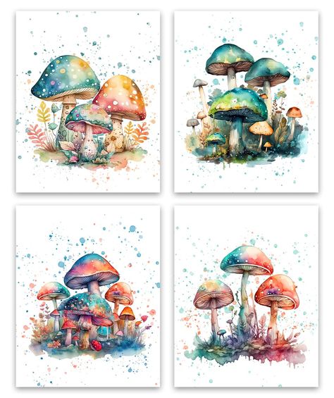 PRICES MAY VARY. 👍◆Watercolor Mushroom Wall Decor Aesthetic Posters set - the perfect addition to any home decor! This set of four unframed prints features beautiful and whimsical mushroom-inspired images, perfect for creating an earthy and rustic atmosphere in your home or office. 👍◆Each print is designed in a Colorful botanical style, capturing the intricate and unique shapes and colors of various fungi. The prints are bursting with vibrant and eye-catching colors, providing a striking contr Whimsical Mushroom Art, Mushrooms Decor, Mushroom Decorations, Mushroom Stuff, Mushroom Prints, Neutral Backgrounds, Fodder School, Mushrooms Art, Watercolor Mushroom