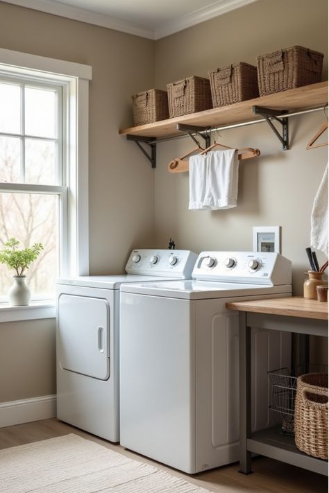 Laundry room with taupe walls, white appliances, and wood folding table Paint Colors For Small Laundry Room, Revere Pewter Laundry Room, Farmhouse Laundry Room Colors, Tan Laundry Room, Taupe Laundry Room, Laundry Room Color Ideas, Modern Farmhouse Room, Modern Farmhouse Laundry, Modern Farmhouse Laundry Room