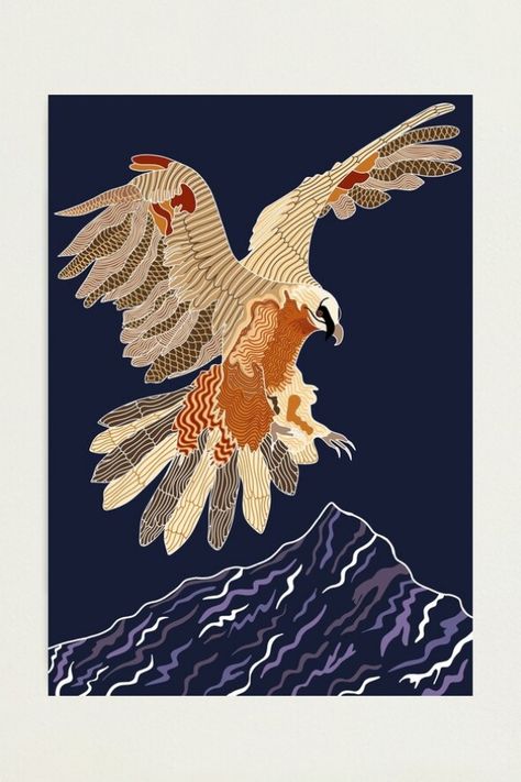 art print, digital illustration of bearded vulture - an amazing bird living in mountains, mainly in Alps in beautiful nature, bird illustration, nature illustration, vulture illustration, eagle illustration, mountain illustration, alps illustration, dark blue, lines illustration Bearded Vulture Tattoo, Vulture Painting, Living In Mountains, Vulture Drawing, Vulture Illustration, Vulture Bird, Bearded Vulture, Decay Art, Ipad Inspo