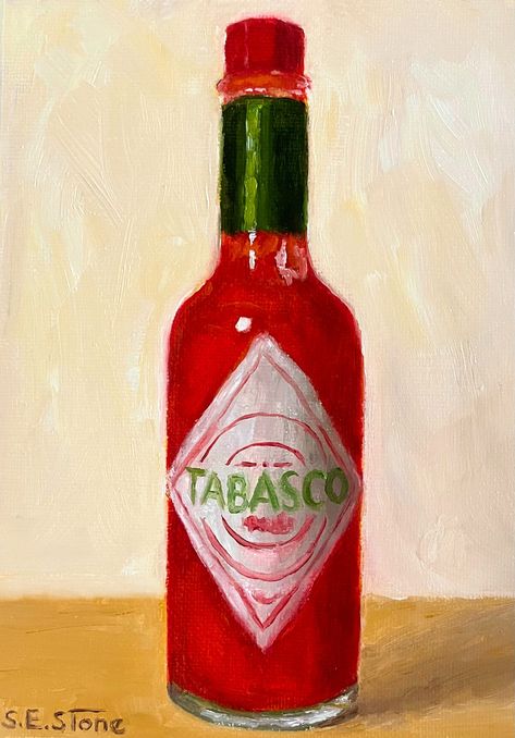 art, oil painting, oil on canvas, tabasco bottle, still life, realism, kitchen art, wall art, art deco, oil painting of bottle, still life paintings, food oil painting, handmade artwork Tabasco Painting, Food Oil Painting, Kitchen Art Wall, Aesthetic Foods, Bottle Drawing, Still Life Paintings, Tabasco Sauce, Ink Paintings, Crawfish Boil