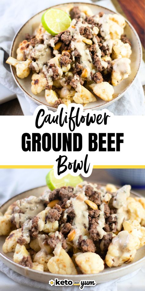 Cauliflower Ground Beef Bowl Ground Beef Cauliflower Recipes, Low Starch Meals, Keto Meals With Ground Beef, Ground Beef Bowl, Cauliflower Bowls, Beef Bowl, Keto Casseroles, Keto Eating, Keto Beef