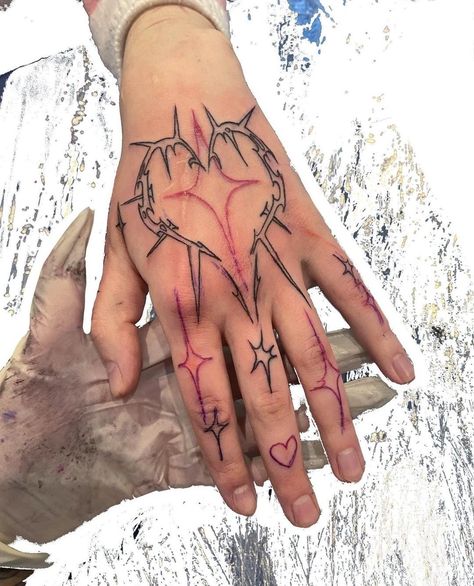 Red and black ink on hand Female Hand Tattoos Ideas, Abstract Hand Tattoo, Thorns Tattoo, Thorn Tattoo, Jewel Tattoo, Grunge Tattoo, Sigil Tattoo, Hand Tats, Stylist Tattoos