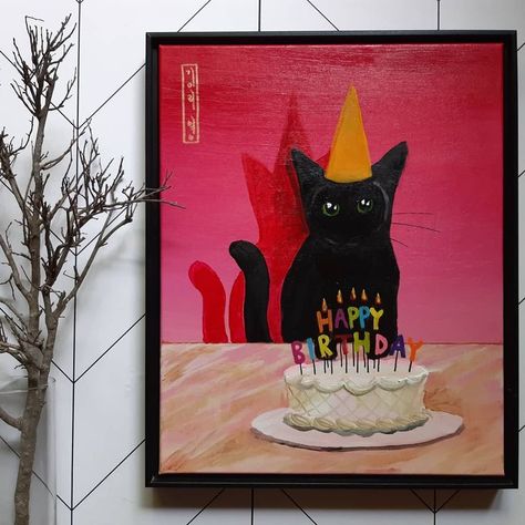 A black cat wearing a party hat looks wistfully at his birthday cake. Birthday Cake Happy Birthday, Birthday Canvas, Cake Happy Birthday, Happy Birthday To Us, A Black Cat, Painted Cakes, Black Kitten, Cat Wall Art, Unframed Wall Art