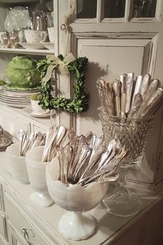 Buffet  Buffet Utensils Display For Party, French Buffet Table, Buffet Cutlery Display, Fancy Thanksgiving, Silverware Display, French Buffet, Antique Flatware, Booth Decor, French Country Kitchens