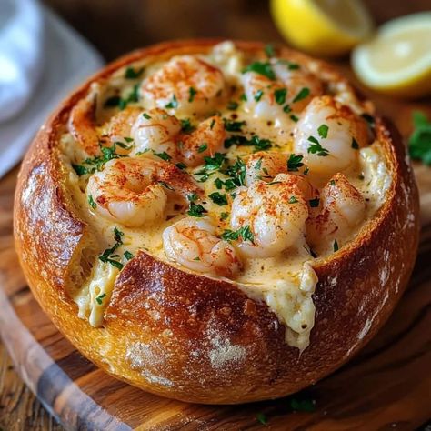 Stuffed Seafood Bread Bowl Here’s how to make it:Ingredients: 1 large sourdough bread bowl1/2 lb cooked shrimp, chopped1/2 lb lump crab meat1 cup shredded mozzarella cheese1/2 cup cream cheese, softened1/3 cup mayonnaise1/4 cup green onions, finely chopped2 garlic cloves, minced1 tsp Old Bay seasoning1/2 tsp smoked pap Soup Bread Bowl, Stuffed Seafood, Seafood Bread, Cobb Loaf, Christmas Fare, Bread Bowl Dip, Bread Bowl Recipe, Soup Bread, Lump Crab Meat