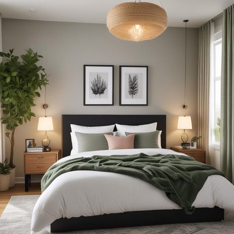 Charcoal Grey Headboard Bedroom Ideas Decor, Grey Combination Color Bedroom, Main Bedroom Colour Ideas, Dark Floor Bedroom Color Schemes, White Walls Dark Floors Bedroom, Medium Size Bedroom Ideas, Black And Wood Bedroom Ideas, Bedroom Black Bed Frame, Black Green Bedroom