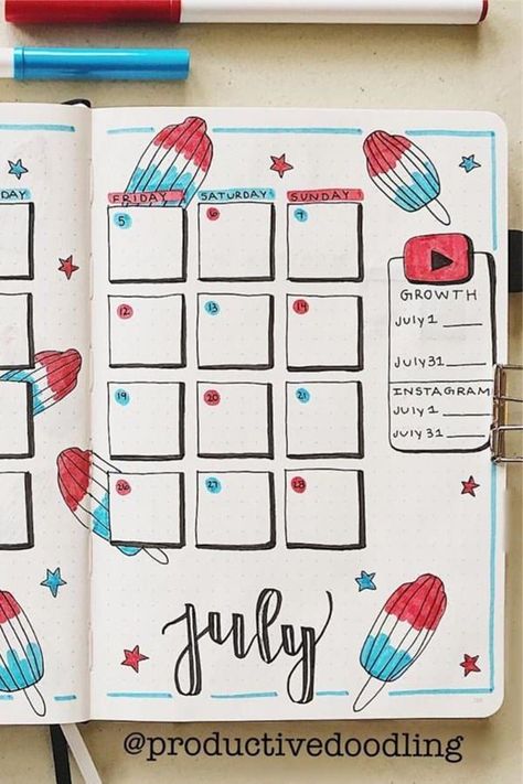 22 Best July Monthly Spread Examples For Inspiration - Crazy Laura July Calendar Design, July Whiteboard Calendar Ideas, July Calendar Ideas, Cute Whiteboard Calendar Ideas, Calendar Drawing Ideas, Dot Journaling, Bullet Journal Yearly, Whiteboard Ideas, 2024 Bujo