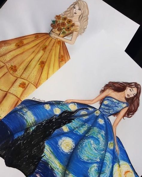 European Casual, Van Gogh Sunflowers, Dress Illustration, Van Gogh Museum, Dress Design Sketches, Painting Of Girl, Illustration Fashion Design, Arte Sketchbook, Famous Art