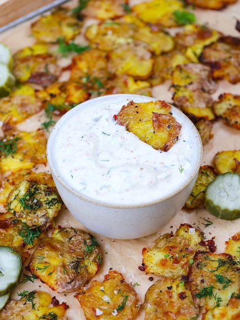 Crispy Mini Smashed Potatoes (with Roasted Garlic Dipping Sauce) Smashed Potatoes With Dip, Dill Smashed Potatoes, Crispy Smashed Potatoes With Lemony Chive Sauce, Smashed Potato Dipping Sauce, Roasted Potato Dipping Sauce, Smashed Small Potatoes Recipe, Dip For Smashed Potatoes, Smashed Potato Appetizer, Dip For Roasted Potatoes