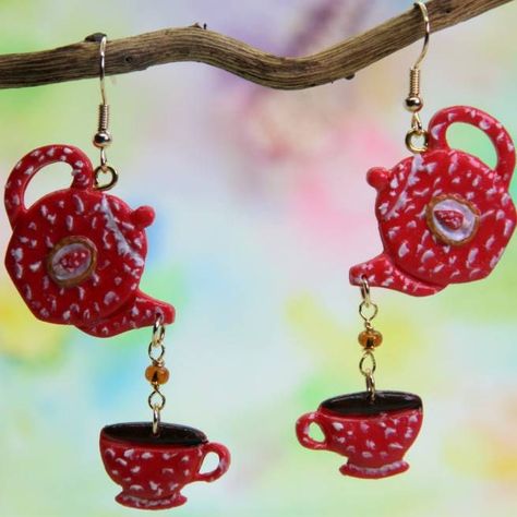 Polymer Clay Teapot, Teapot Clay, Teacup Earrings, Teapot Earrings, Tea Cup Earrings, Tea Party Crafts, Tea Earrings, Tea Jewelry, Clay Inspo