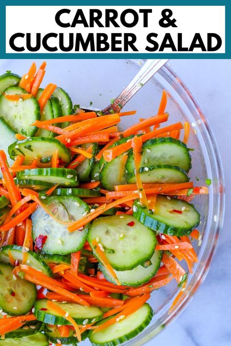 Carrot and cucumber salad is a simple and delicious side salad, full of Asian-inspired flavors. It's light and crisp, and a perfect use for fresh summer produce! Fresh Salad Recipes, Summer Produce, Best Salad Recipes, Cucumber Recipes, Seafood Salad, Carrot Salad, God Mat, Fresh Summer, Salad Side Dishes