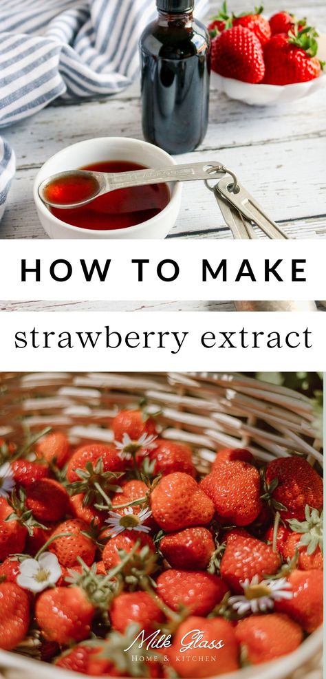 Add the sweet, tart flavor of strawberries to a variety of beverages, bakes, desserts, and more with this homemade strawberry extract! It's a convenient and easy way to add a taste of summer to your recipes all year long. Fruit Extracts Recipes, How To Make Strawberry Extract, Strawberry Tops Recipe, Strawberry Extract Recipe, Ways To Preserve Strawberries, Diy Extracts Recipes, Strawberry Powder Recipes, Homemade Extracts Recipes, Strawberry Canning Recipes