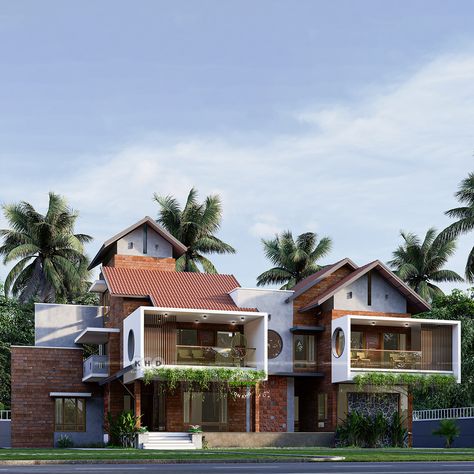 Modern Nature Blend Tropical Residence - Red Brick Walls, Box Balconies Tropical Contemporary House Exterior, Tropical Contemporary House, Tropical Residence, Tropical Exterior, Courtyard Houses, Portfolio Designs, Tropical House Design, Red Brick Walls, Kerala House