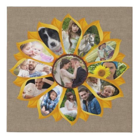 $21.15 | Family Photo Collage Sunflower Burlap 13 Pics Easy #family photo collage template, sunflower photograph frame shape, diy add your own photos, bride groom wedding picture ideas, vintage antique rustic modern farmhouse, create a 13 photo montage, upload my instagram pictures simple, unique yellow flower floral shaped, design your own easy collages, country farm style burlap Groom Wedding Pictures, Burlap Background, Collage Gift, Simple Collage, Family Photo Collages, Photo Collage Gift, Sunflower Photo, Printing On Burlap, Photo Collage Template