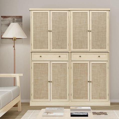 Wardrobe Closet Free Standing, Freestanding Closet Ideas, Bedroom Wall Storage Ideas, Beige Dressers, Rattan Wardrobe, Armoire Closet, Closet Features, Bedroom Wall Units, Comforter Storage