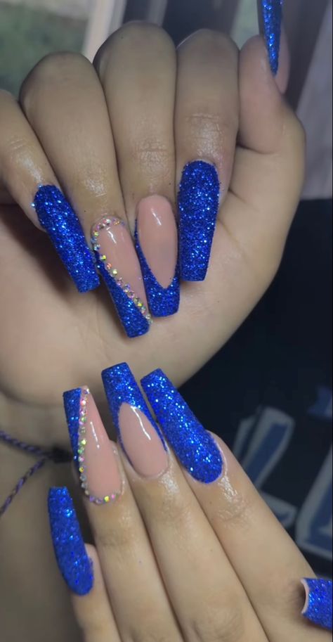 Blue Extra Nails, Dark Blue Homecoming Nails, Royal Blue Nails For Prom, Nail Inspo Y2k, Dark Blue Nail, Blue Nail Inspo, Glitter Gel Nail Designs, Dance Nails, Blue Prom Nails