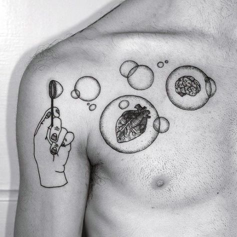 30 Bubble Tattoos For Men Bubble Tattoo, Brain Tattoo, Heart Brain, Mind Heart, Tattoo Heart, Head Tattoo, Tattoo Hand, Instagram Tattoo, Back Tattoos