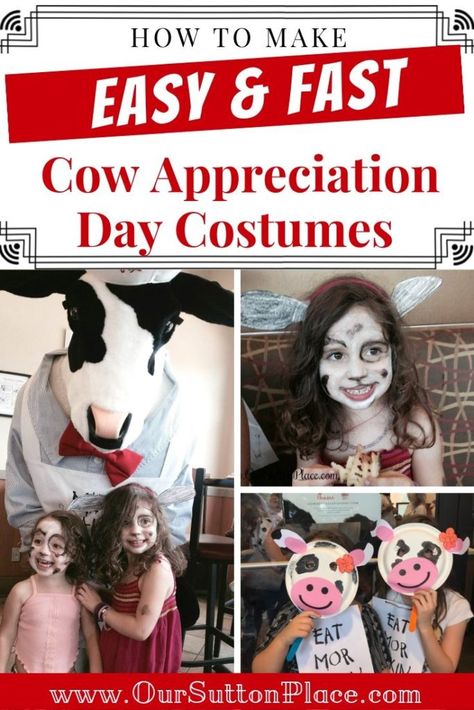 I’ve gathered together my favorite, easy to make cow costume ideas for Chick Fil A’s annual Cow Appreciation Day event. We made our costume in less than 15 minutes! Check out idea #2—it’s my new fave! #CowCostumes #CowAppreciationDay Cow Costume Ideas, Paper Plate Masks, Cow Appreciation Day, Customer Appreciation Day, Specialty Sandwiches, Cow Ears, Cow Costume, Cow Face, Sutton Place