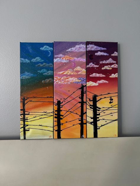 7x14 Canvas Painting Ideas, Split Paintings Canvases, 4 Piece Canvas Painting, Set Of 3 Canvas Painting Ideas, Moon Painting Acrylic, Silk Painting Techniques, Canvas Art Painting Acrylic, Sunset Painting Acrylic, Acrylic Painting Inspiration