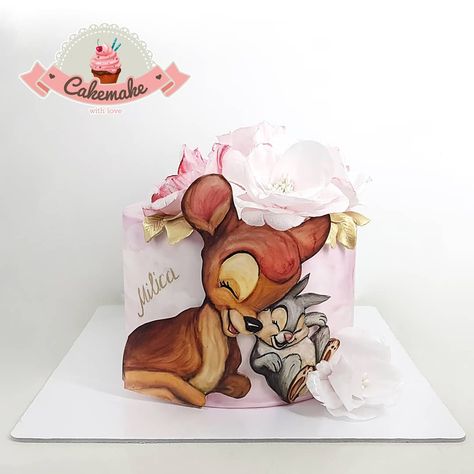 Bambi & Thumper Cake Thumper Cake, Bambi Party, Bambi Birthday, Bambi Baby, Bambi Thumper, 1st Birthday Girl Decorations, 1st Birthday Party For Girls, Baby Birthday Themes, Hand Painted Cakes