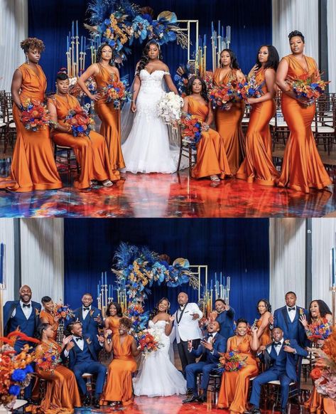 Black People Weddings Colors, Navy Blue And Burnt Orange Wedding Black People, Cooper Wedding Theme, Cobalt Blue And Orange Wedding, Navy Blue And Burnt Orange Wedding Bridesmaid Dresses, African Wedding Colors, Wedding Color Ideas Black People, African American Wedding Ideas, Wedding Colors For Black Couples