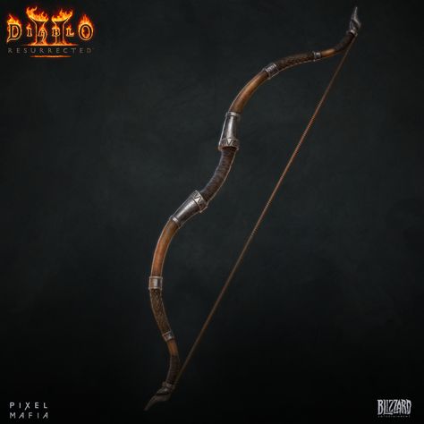 ArtStation - Diablo II Resurrected: Long War Bow, Vincent Aguila Diablo Ii, Longbow, After College, Gold Chain Design, Chain Design, Low Poly, Art Director, Swords, Gold Chain