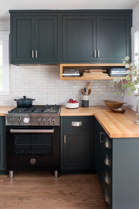 A Bold, Masculine Kitchen by Los Angeles Designer Kelly Martin | Rue Green Cabinets Butcher Block Countertops, Green Cabinets With Butcher Block, Masculine Kitchen, Dark Green Kitchen, Cottage Kitchen Design, Butcher Block Kitchen, Green Kitchen Cabinets, Green Cabinets, Butcher Block Countertops