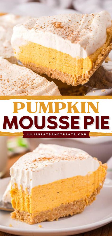 Easy No-Bake Pumpkin Mousse Pie is a delicious fall dessert recipe. Velvety pumpkin mousse in a buttery graham cracker crust and topped with a whipped cream topping. It deserves a place at your Thanksgiving table. Pumpkin Mousse Pie, Whipped Cream Topping, Mousse Pie, Bake Pumpkin, Pumpkin Mousse, Graham Cracker Crust Pie, Fall Desserts Easy, Pumpkin Recipes Dessert, Cracker Crust