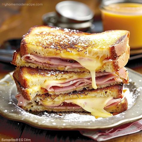 This Monte Cristo Style Grilled Cheese Sandwich combines smoked ham and Swiss cheese with a rich egg coating, creating a delicious twist on the classic sandwich. Light Sandwiches, Grilled Cheese Sandwich Recipe, Cheese Sandwich Recipe, Ham And Swiss, Grilled Ham And Cheese, Monte Cristo Sandwich, Classic Grilled Cheese, Grilled Ham, Chef Gordon Ramsay