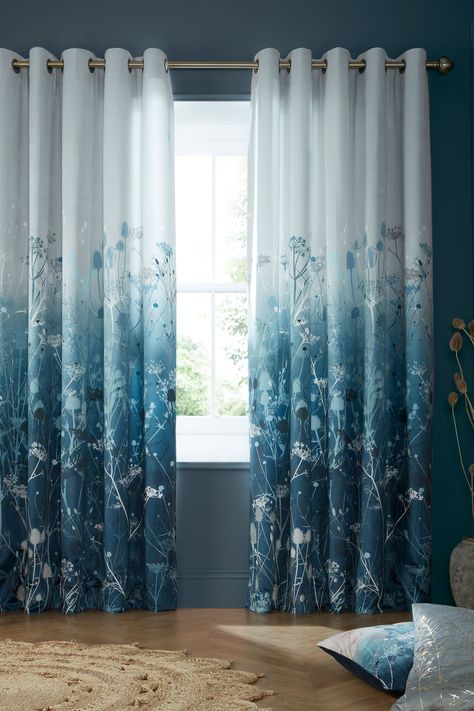 These luminous velvet curtains, with a dusky blue and grey palette, evoke a wildflower meadow at close of day. A contemporary classic, it is instantly recognisable as a Clarissa Hulse design, with delicate botanical details illuminated by an ombre wash background. The striking natural design draws the eye down the length of the drapes, making an elegant and timeless addition to any room in your home. The velvet curtains are lined and available in three sizes. Matte silver eyelets provide a slee… Clarissa Hulse, Grey Palette, Eyelet Curtains, Wildflower Meadow, Dusky Blue, Curtain Sizes, Blue Curtains, Natural Design, Lined Curtains