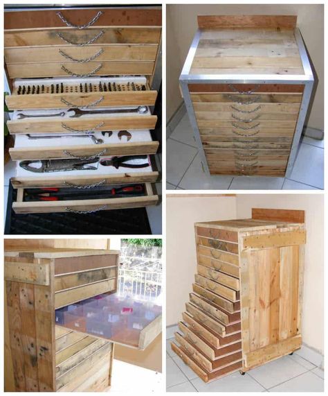 Atelier Furniture, Pallet Organization Ideas, Pallet Cabinets, Pallet Tool, Pallet Bathroom, Tool Trolley, Repurpose Pallets, Pallet Home Decor, Pallet Crates