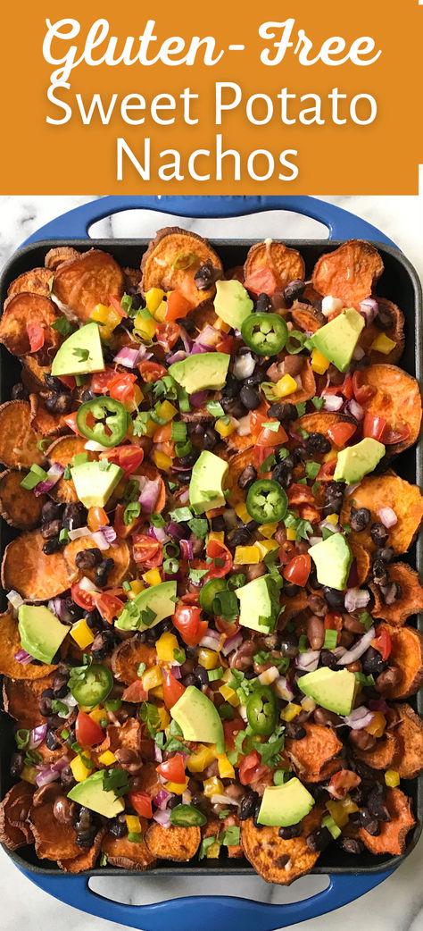 Amp up your nachos with homemade Sweet Potato Chips! Fully loaded with two types of beans and lots of veggies, these gluten-free and vegetarian nachos are out of this world! Perfect for weekend snacking, Game Day eats or amping up any Taco Tuesday! Homemade Sweet Potato Chips, Tuesday Dinner, Potato Nachos, Nachos Recipe Easy, Sweet Potato Nachos, Healthy Appetizer Recipes, Sweet Potato Chips, Nachos Recipe, Potatoe Salad Recipe