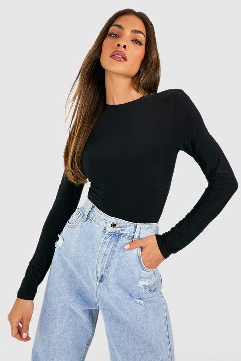 Womens Double Layer Slinky Long Sleeve Crew Neck Bodysuit - Black - 2 - Looking for a new-season refresh? This long sleeve bodysuit is the perfect option for cooler days. Offering more coverage without compromising on style, this one-piece garment hugs your curves in all the right places, and we're obsessed. For off duty days, keep things casual in a black long sleeved bodysuit and your fave sweatpants. If you're heading out, a white long sleeve bodysuit looks super cute with raw hem jeans and a Longsleeve Bodysuit Outfit, Black Longsleeves Outfit, Long Sleeve Bodysuit Outfit, Long Sleeve Shirt Outfit, Longsleeves Outfit, Black Bodysuit Outfit, Long Sleeve Shirt Outfits, Long Sleeved Bodysuit, White Long Sleeve Bodysuit