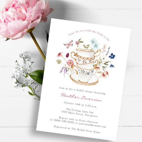 $2.04 | Elegant Bridal Tea Invitation - watercolor floral, bridal shower, bridal brunch, time for tea, pretty wildflowers, bridal luncheon, teacups, elegant flowers, spring summer garden party, pink tea party Tea Party Baby Shower Invitations, Bridal Tea Party Invitations, Baby Tea Party, Bridal Tea Invitations, Tea Party Bridal Shower Invitations, Tea Bridal Shower Invitations, Garden Party Invitations, Bridal Shower Champagne, Bridal Tea Party