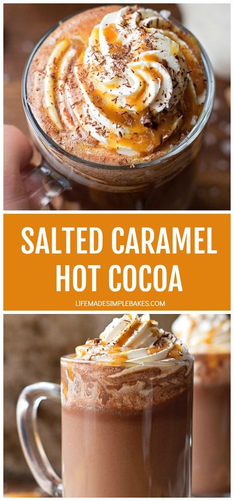 Whip up your own salted caramel hot cocoa at home with just 5 ingredients! It's quick, easy and extra amazing with a big dollop of homemade whipped cream. Mmmm! #saltedcaramelhotcocoa #hotcocoa #saltedcaramel #homemadewhippedcream #flavoredhotcocoa Salted Caramel Hot Cocoa, Caramel Hot Chocolate, Salted Caramel Hot Chocolate, Beverage Ideas, Life Made Simple, Homemade Hot Cocoa, Recipes With Whipping Cream, Hot Cocoa Recipe, Cocoa Recipes