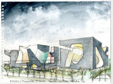 Tianjin Ecocity Ecology and Planning Museums, by Steven Holl Architects Steven Holl Architecture, Conceptual Collage, Architectural Representation, Cartoon Drawings Of Animals, Eco City, Steven Holl, Concept Diagram, Community Space, Green Architecture