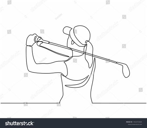 Continuous line drawing of the Golfer hit the ball in full swing to compete. Healthy Sport. Sporty woman golfer player doing golf. Healthy Lifestyle Concept isolated on white background. #Ad , #Affiliate, #full#ball#swing#Healthy Golf Line Art, Apartment Artwork, Golf Drawing, Golf Tattoo, Tattoo Silhouette, Golf Painting, Healthy Sport, Hand Lettering Cards, Continuous Line Drawing