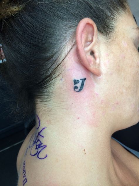 Letter j behind ear tattoo Letter Ear Tattoo, J Behind Ear Tattoo, J Tattoo Behind Ear, J Tattoo Design, Letter Behind Ear Tattoo, Initial Tattoo Behind Ear, J Letter Tattoo, J Initial Tattoo, Letter J Tattoo