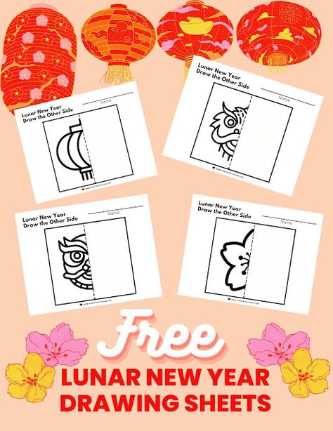 free Lunar Chinese New Year draw the other half symmetry STEM elementary homeschool library printable drawing coloring sheets for kids holiday activities Chinese New Years Activities For Kids, Chinese New Year Kindergarten Activities, Lunar New Year Crafts For Preschool, Lunar New Year Drawing, Tiger Activities, Draw The Other Half, Lunar New Year Art, Lunar New Year Activities, New Year Drawing Ideas