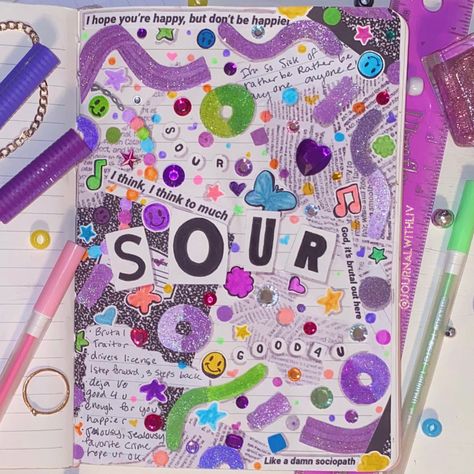 Sour album - Olivia Rodrigo - Creative Journal Page #journaling Sour Journal, Sour Journal Page, Olivia Rodrigo Diy Crafts, Olivia Rodrigo Scrapbook Ideas, Olivia Rodrigo Doodles, Olivia Rodrigo Album, Olivia Rodrigo Painting Ideas, Olivia Rodrigo Sour Drawing, Olivia Rodrigo Scrapbook