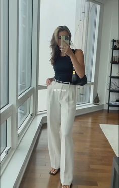 Tank Top Work Outfit, White Effortless Pants Outfit, Law Firm Internship Outfit, White Pants Office Outfit, Summer Internship Aesthetic, Hot Weather Business Casual, Navy Mini Skirt Outfit, Aritzia Work Outfit, White Slacks Outfit