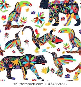 Mexican Animals, Animals Flowers, Seamless Pattern Vector, Ceramic Design, Photo Images, Embroidery Art, Free Vector Images, Image Illustration, Decorative Objects