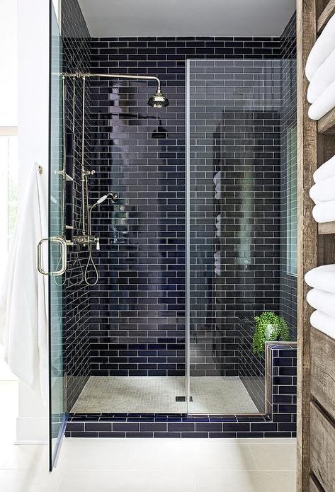 Subway Tile Bathroom, Blue Shower Tile, Navy Blue Tile, Blue Subway Tile, Navy Bathroom, Blue Bathroom Tile, Subway Tiles Bathroom, Shower Wall Tile, Walk In Shower Designs