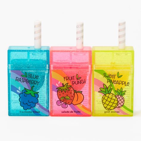 Juice Box Lip Balm Set - 3 Pack | Claire's US Lip Gloss Homemade, Lip Gloss Cosmetics, Lip Balm Collection, Flavored Lip Gloss, Juice Box, Nice Lips, Balsam Do Ust, Lip Balm Set, Lip Gloss Collection