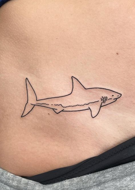 Side Shark Tattoo, Great White Shark Outline Tattoo, Linework Shark Tattoo, Great White Tattoo Shark, Shark Tattoo On Thigh, Great White Shark Tattoos For Women, Great White Shark Tattoo Simple, Blue Shark Tattoo, Shark Gills Tattoo