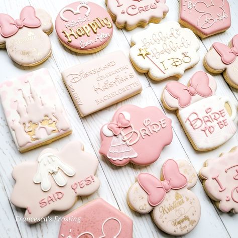 Disney Bachelorette Cookies, Subtle Disney Bridal Shower Ideas, Disney Bridal Shower Cookies, Engagement Party Disney Theme, Bridal Shower Ideas Disney, Minnie Mouse Bridal Shower Ideas, Disney Themed Bridal Shower Decorations, Mickey And Minnie Bridal Shower Ideas, Disney Hen Do