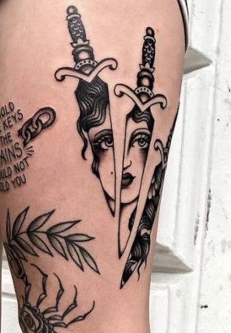 Alt Women Tattoos, Dagger Leg Tattoo, Women Traditional Tattoo, Meaningless Tattoos, Traditional Thigh Tattoo, Traditional Tattoo Leg Sleeve, Traditional Back Tattoo, Tattoos Abstract, Traditional Hand Tattoo