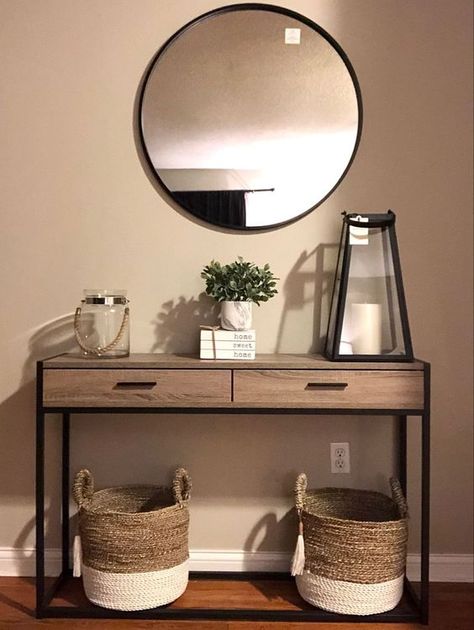 Hall Table Ideas, Mirror And Console Table Ideas, Entryway Table Ideas Modern, Entrance Console Table Decor, Hall Table Styling, Front Hall Decor, Console Table Styling Modern, Narrow Entryway Decor, Console And Mirror