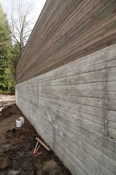 Board formed concrete wall & wood above Formed Concrete Wall, Board Formed Concrete Wall, Formed Concrete, Corrugated Metal Siding, Board Formed Concrete, Detail Arsitektur, Domestic Bliss, Concrete Facade, Concrete Architecture