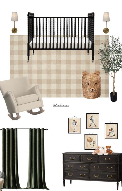 Ralph Lauren Themed Nursery, Boy Nursery Neutral, Baseball Theme Nursery, Nursery Baseball Theme, Boy Nursery Mood Board, Checkered Rug Nursery, Neutral Sports Nursery, Subtle Baseball Nursery, Vintage Nursery Ideas Neutral